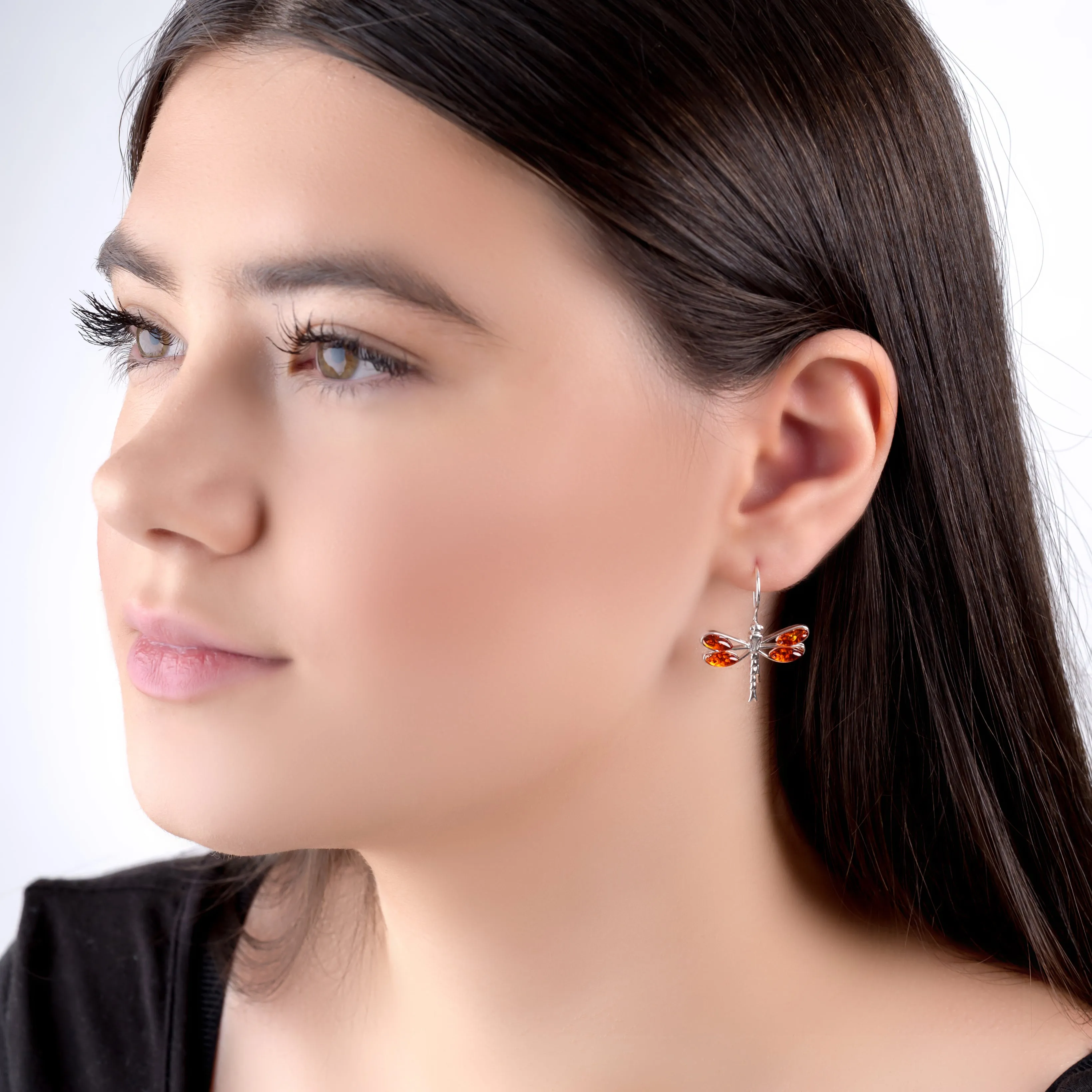 Rounded Dragonfly Drop Earrings in Silver and Amber sold by Henryka product image thumbnail 3