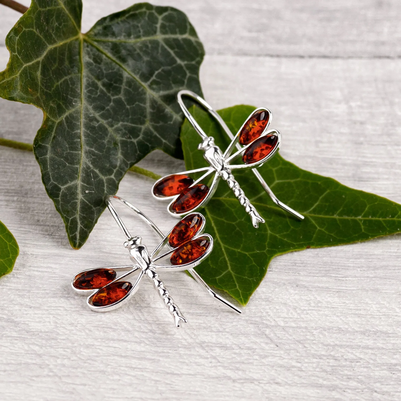 Rounded Dragonfly Drop Earrings in Silver and Amber sold by Henryka product image thumbnail 4