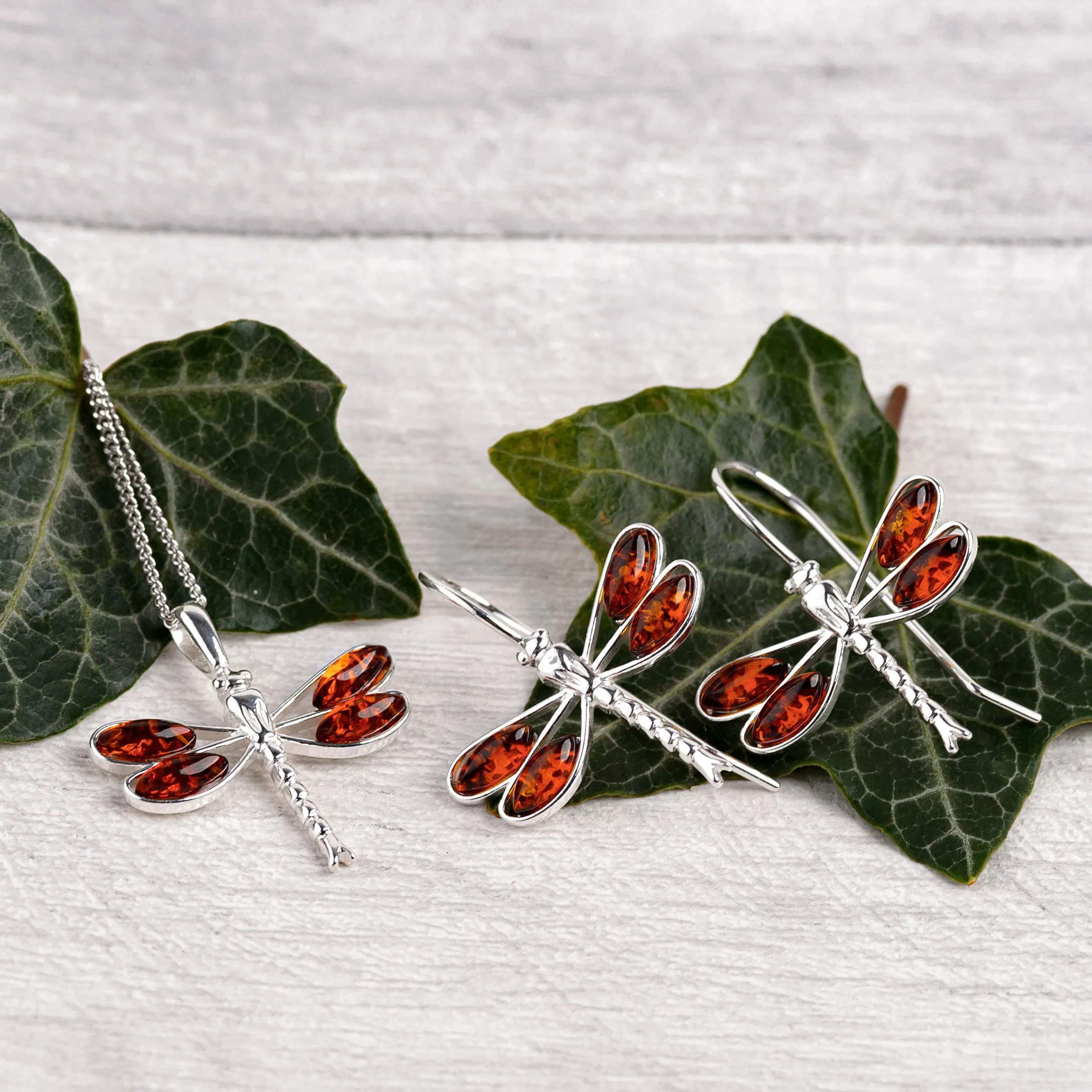 Rounded Dragonfly Drop Earrings in Silver and Amber sold by Henryka product image thumbnail 5