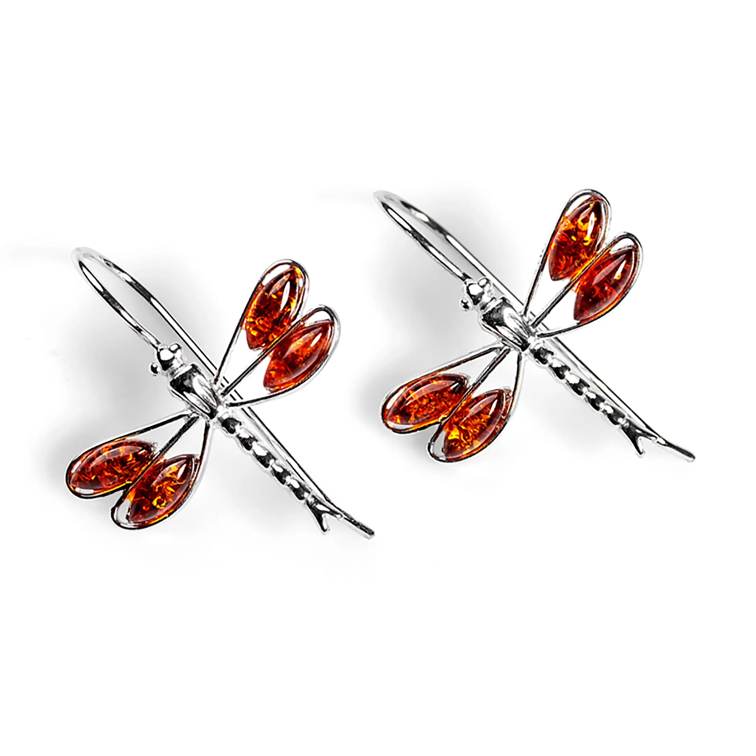 Rounded Dragonfly Drop Earrings in Silver and Amber sold by Henryka