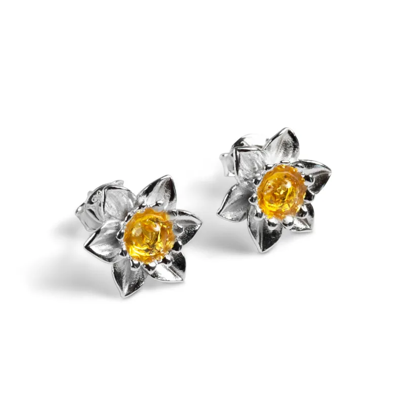 Daffodil Flower Stud Earrings in Silver and Yellow Amber sold by Henryka