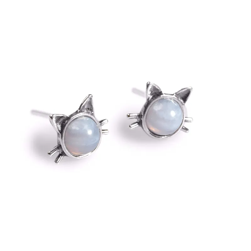 Cute Cat Face Stud Earrings in Silver and Blue Lace Agate sold by Henryka
