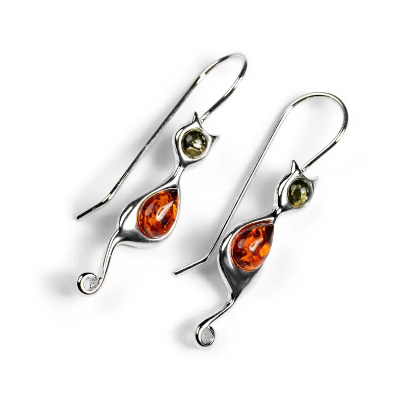 Cat Drop Earrings in Silver ad  Cognac and Green Amber sold by Henryka