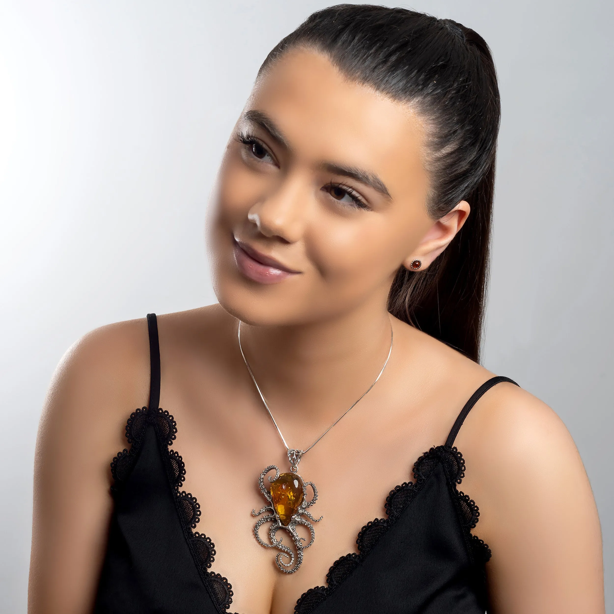 Striking Large Octopus Necklace in Silver and Amber sold by Henryka product image thumbnail 3