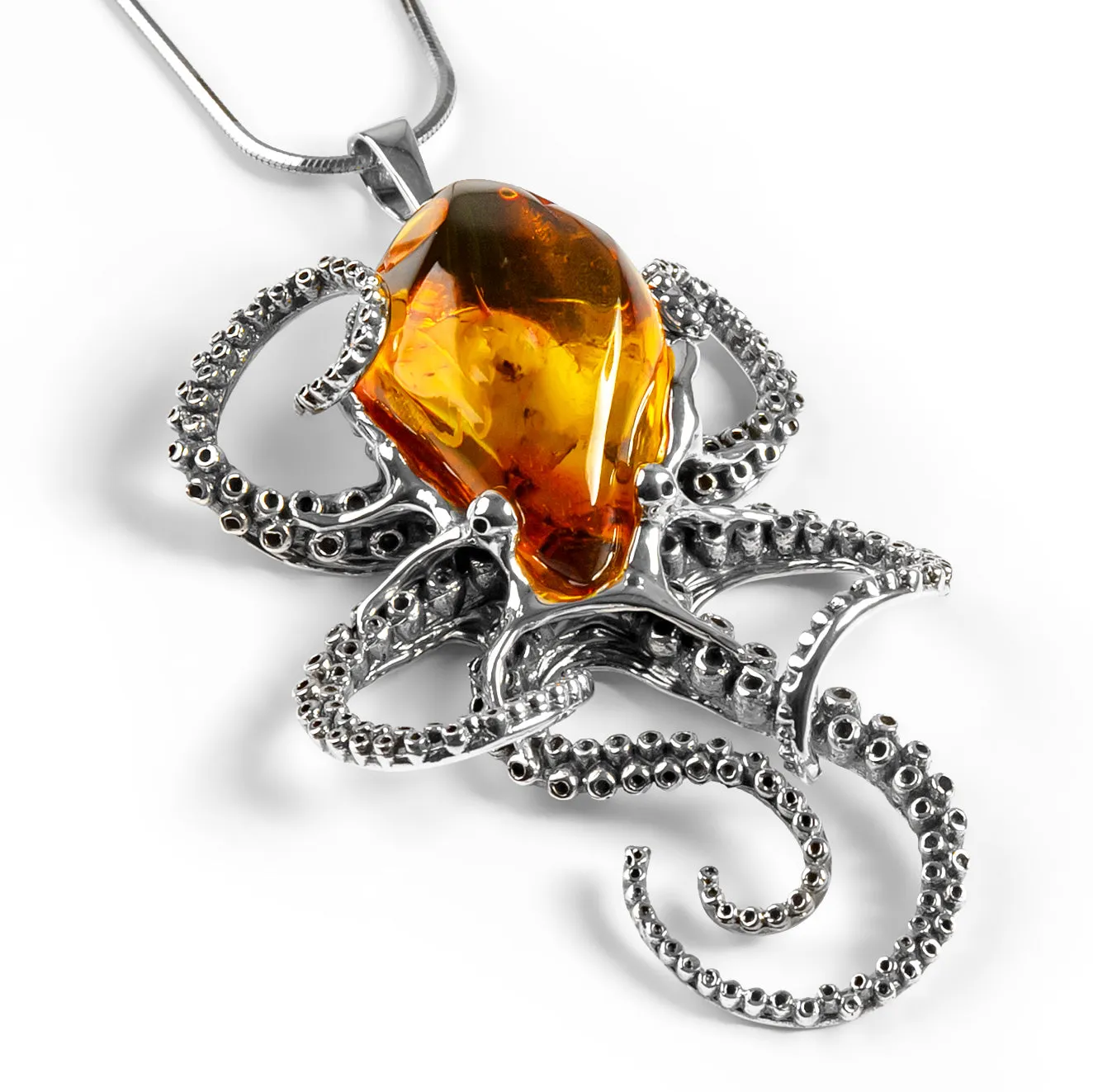 Striking Large Octopus Necklace in Silver and Amber sold by Henryka
