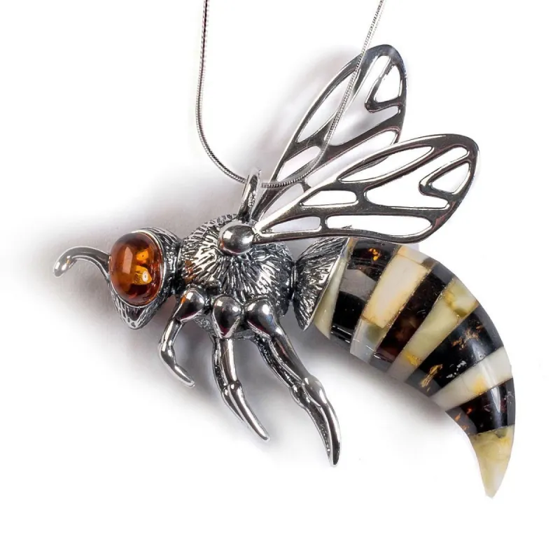 Large Hornet Bee Necklace in Silver and Amber sold by Henryka