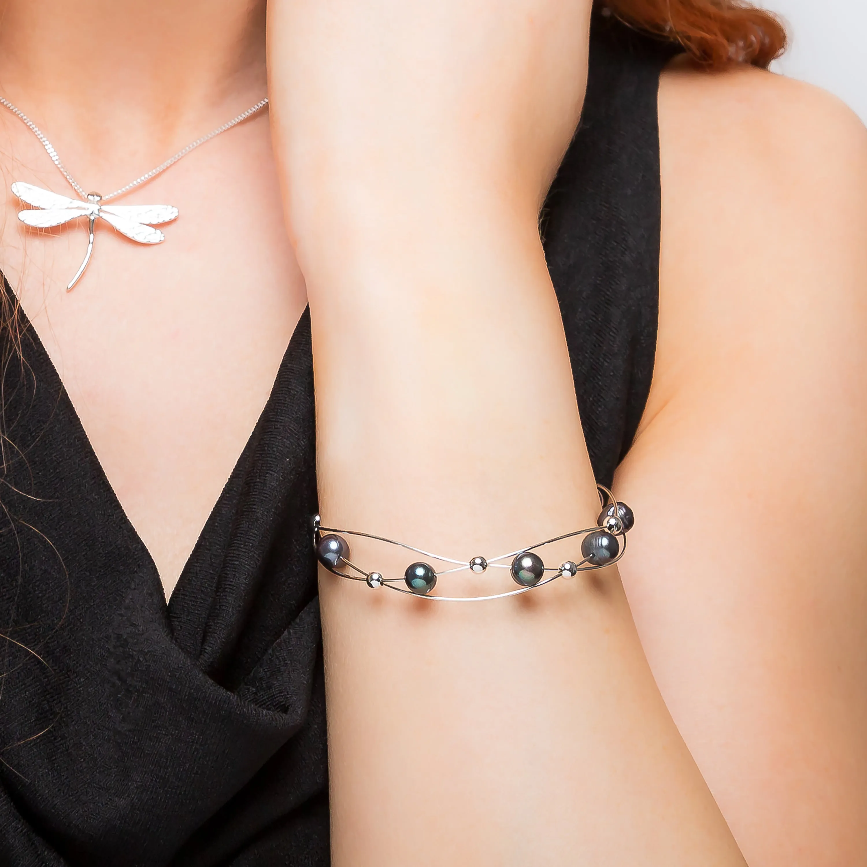 Weaved Bangle in Silver and Black Pearl sold by Henryka product image thumbnail 2