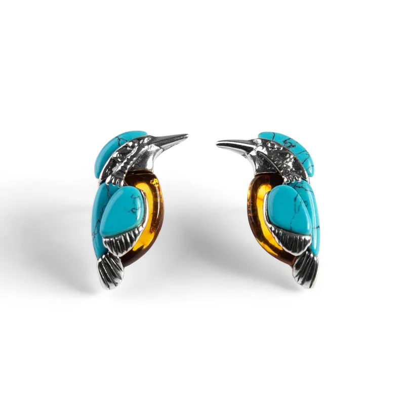 Kingfisher Bird Stud Earrings in Silver, Turquoise and Amber sold by Henryka