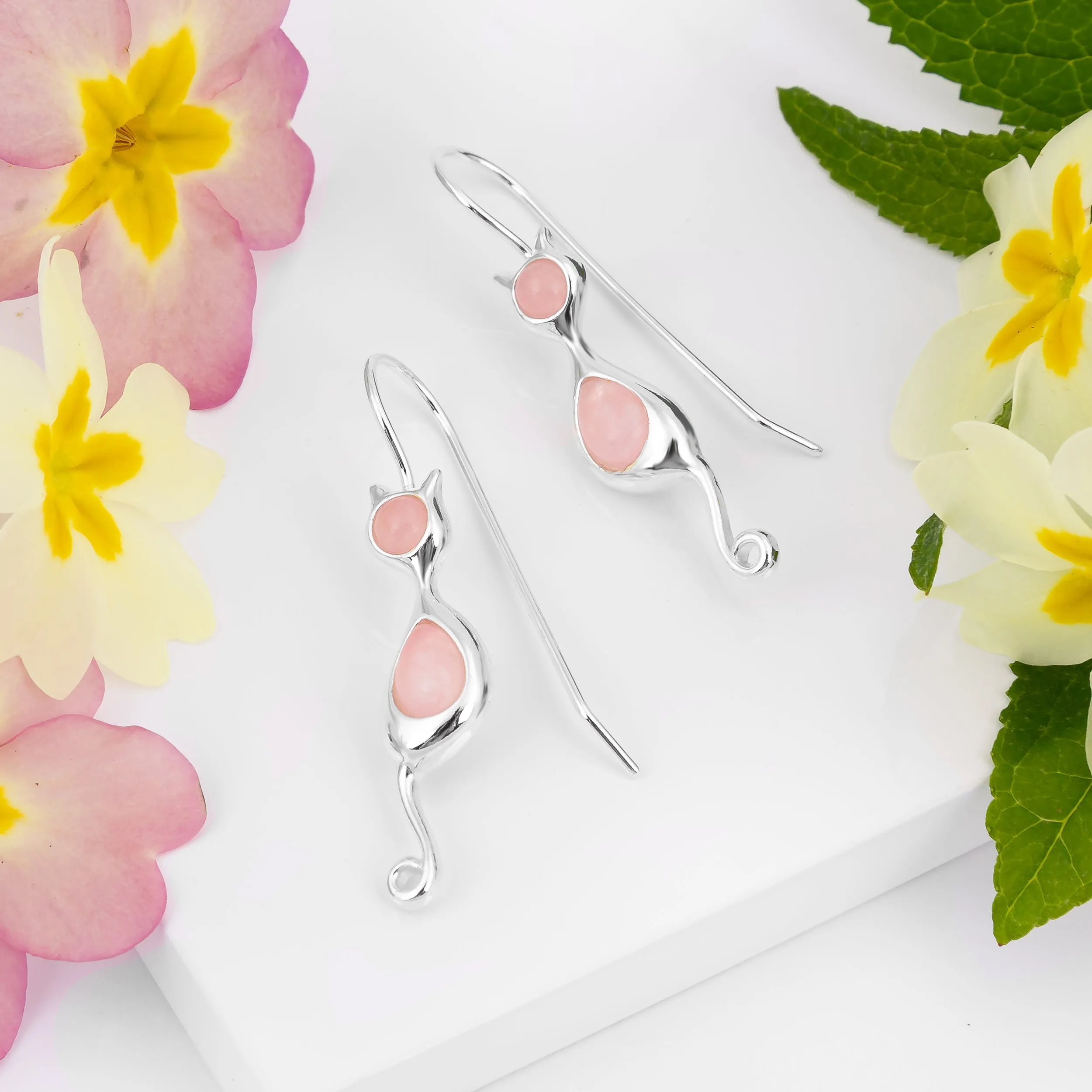 Cat Drop Earrings in Silver and Rose Quartz sold by Henryka product image thumbnail 5