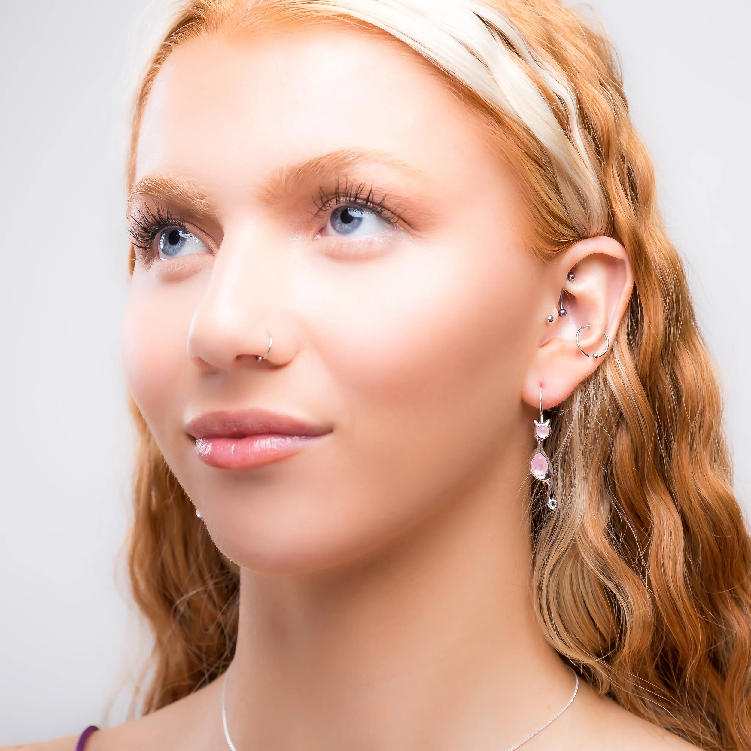 Cat Drop Earrings in Silver and Rose Quartz sold by Henryka product image thumbnail 3