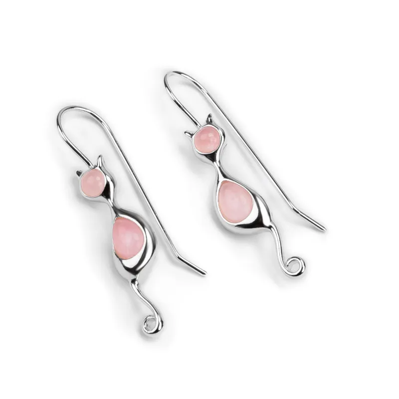 Cat Drop Earrings in Silver and Rose Quartz sold by Henryka