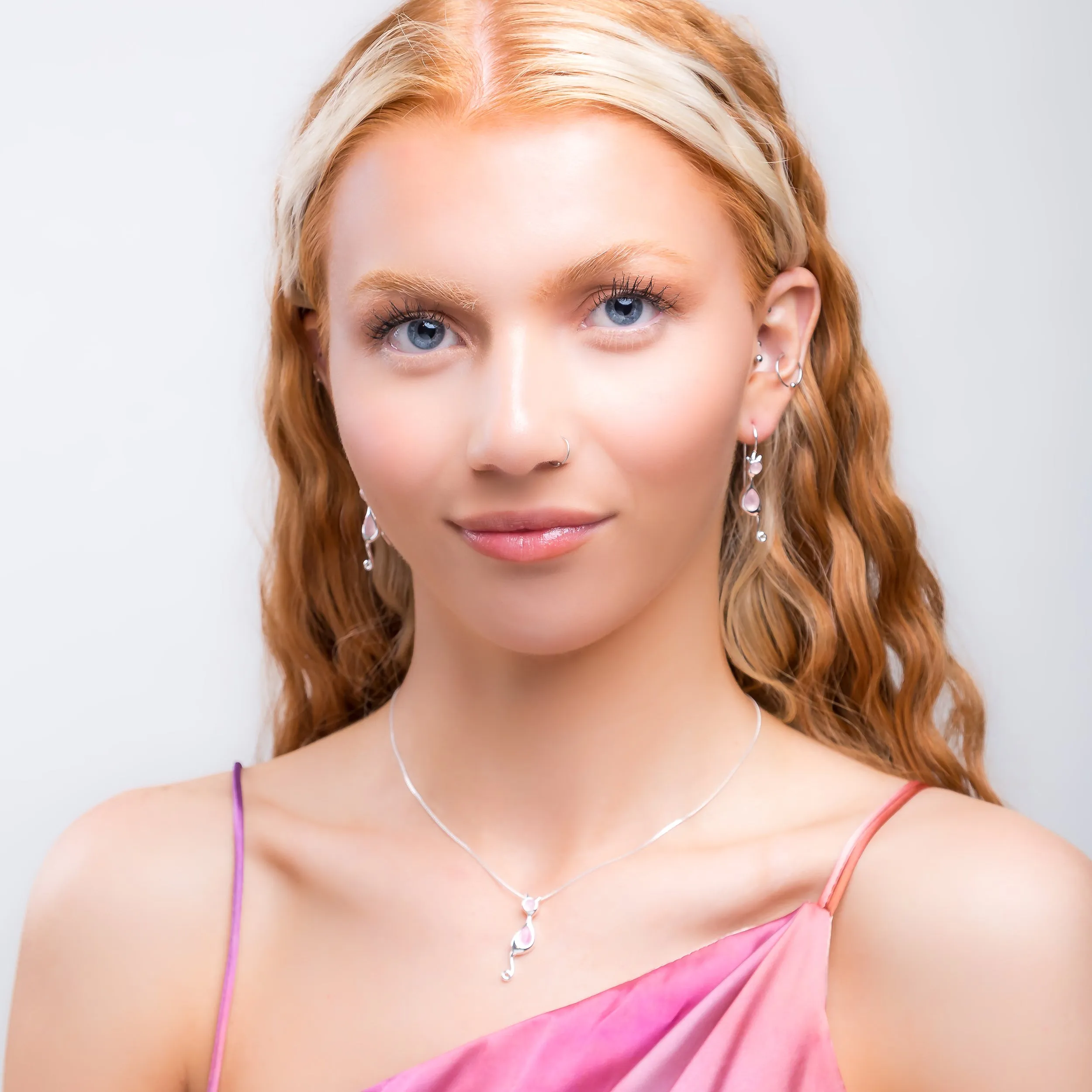 Cat Drop Earrings in Silver and Rose Quartz sold by Henryka product image thumbnail 4