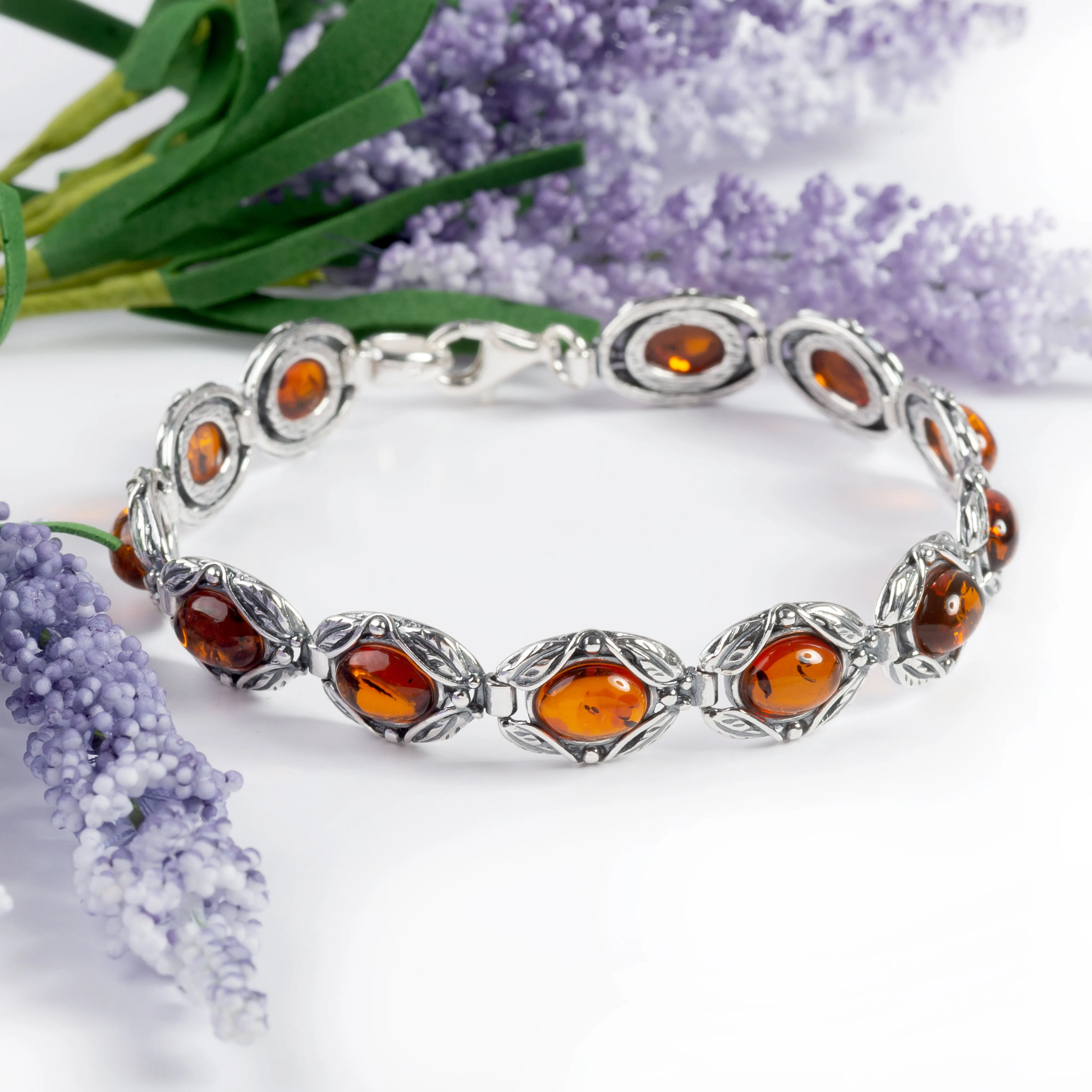 Vintage Style Link Bracelet in Silver and Cognac Amber sold by Henryka product image thumbnail 4