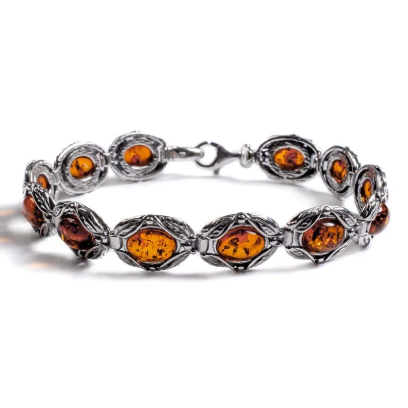 Vintage Style Link Bracelet in Silver and Cognac Amber sold by Henryka