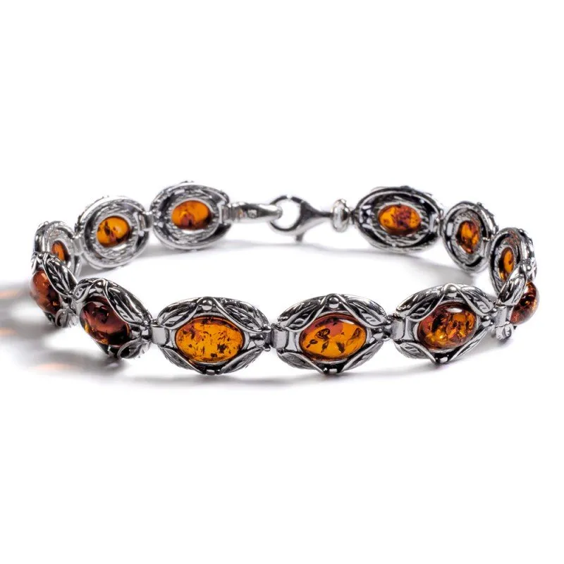 Vintage Style Link Bracelet in Silver and Cognac Amber sold by Henryka