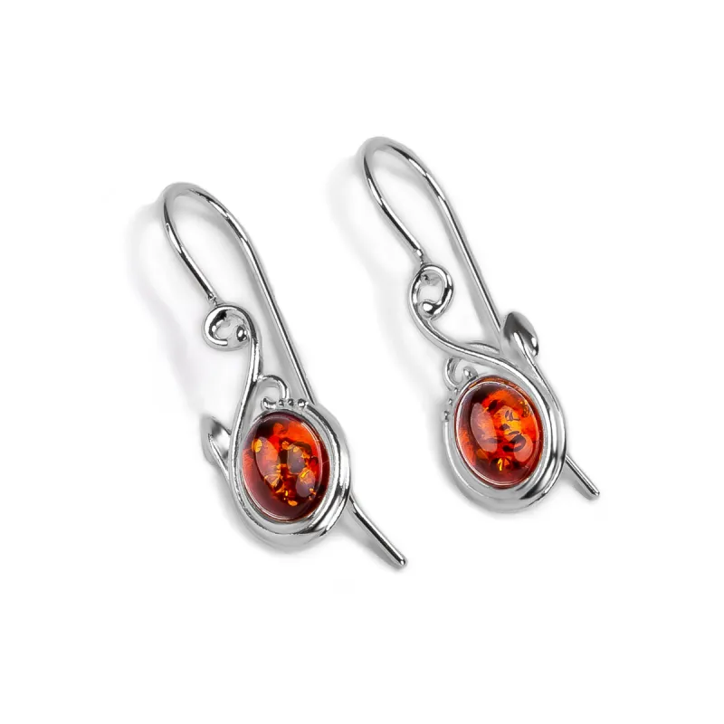 Leaf Motif Hook Earrings in Silver and Cognac Amber sold by Henryka