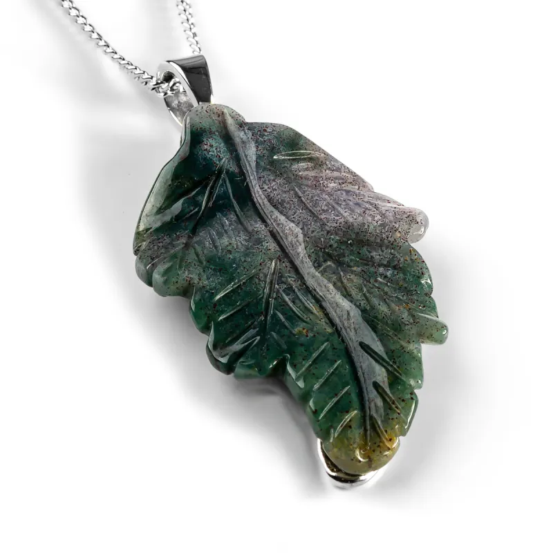Hand Carved Moss Agate Leaf Necklace - Natural Designer Gemstone sold by Henryka