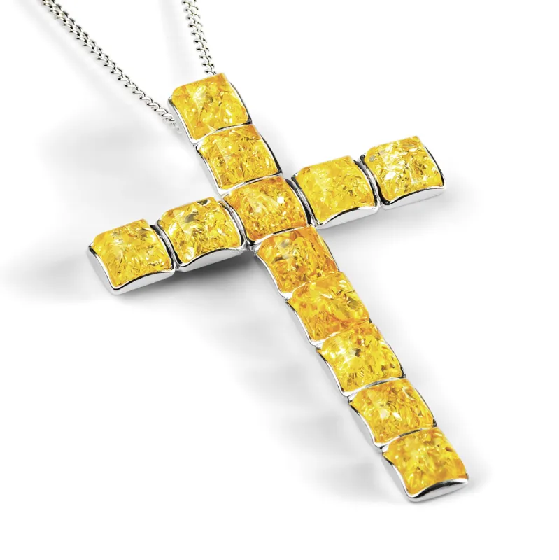Statement Cross Necklace in Silver and Yellow Amber sold by Henryka