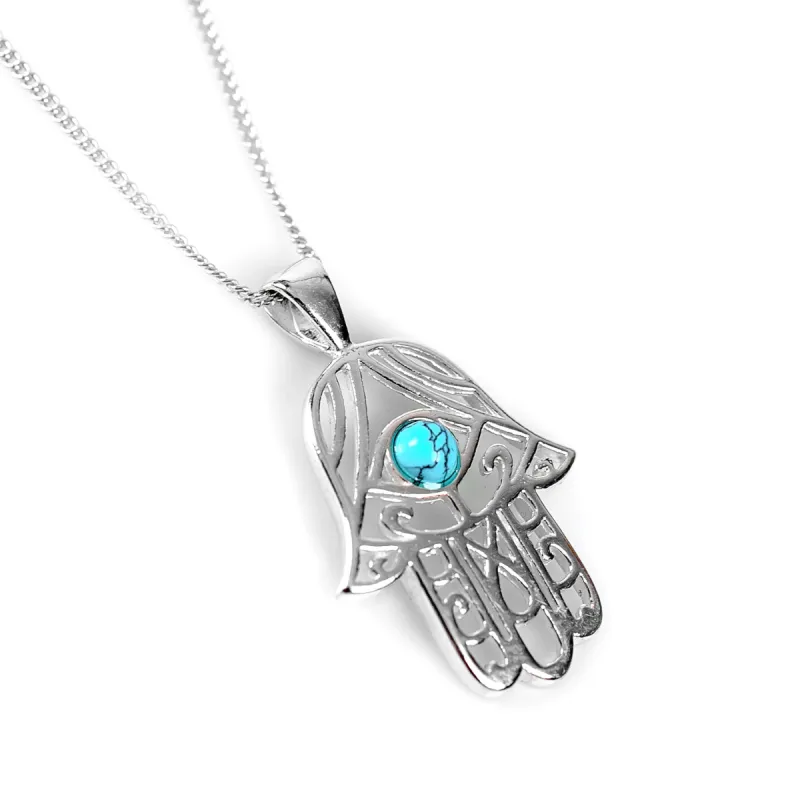 Hamsa Hand Necklace in Silver and Turquoise sold by Henryka