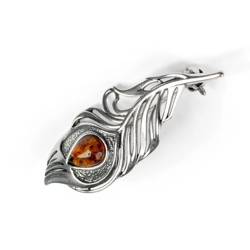 Peacock Feather Brooch in Silver and Amber sold by Henryka