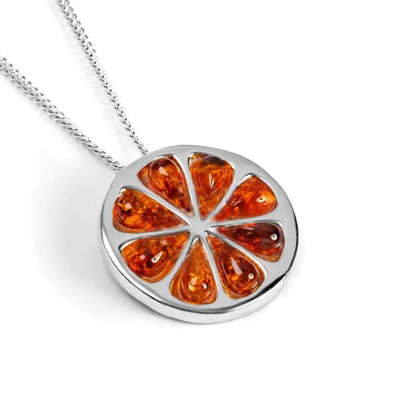 Orange Slice Fruit Necklace in Silver and Cognac Amber sold by Henryka