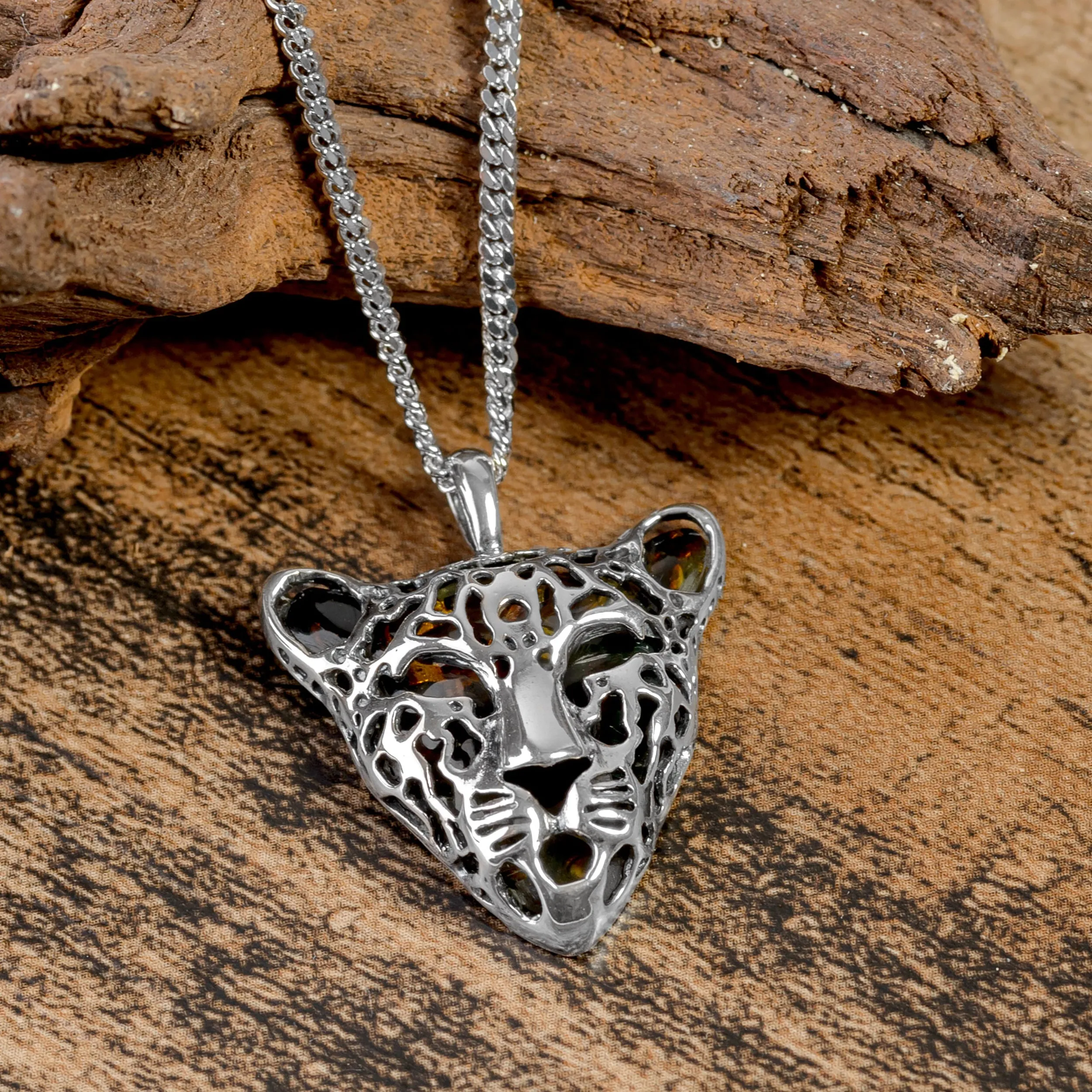 Leopard Head Necklace in Silver and Amber sold by Henryka product image thumbnail 4
