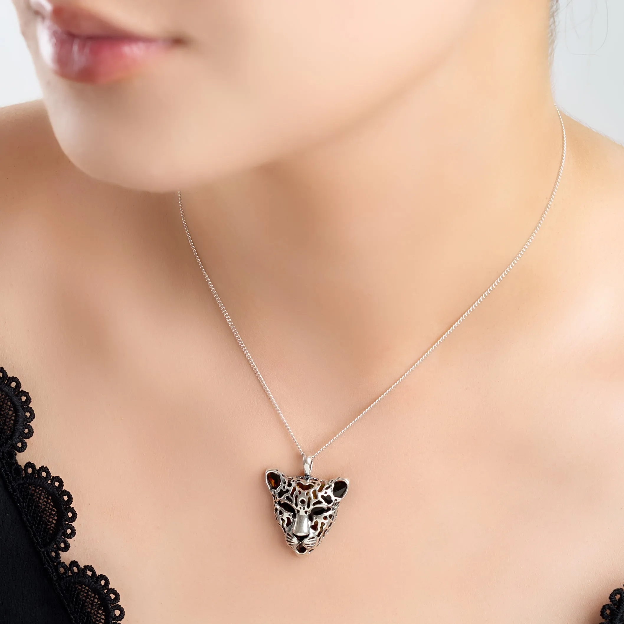 Leopard Head Necklace in Silver and Amber sold by Henryka product image thumbnail 2