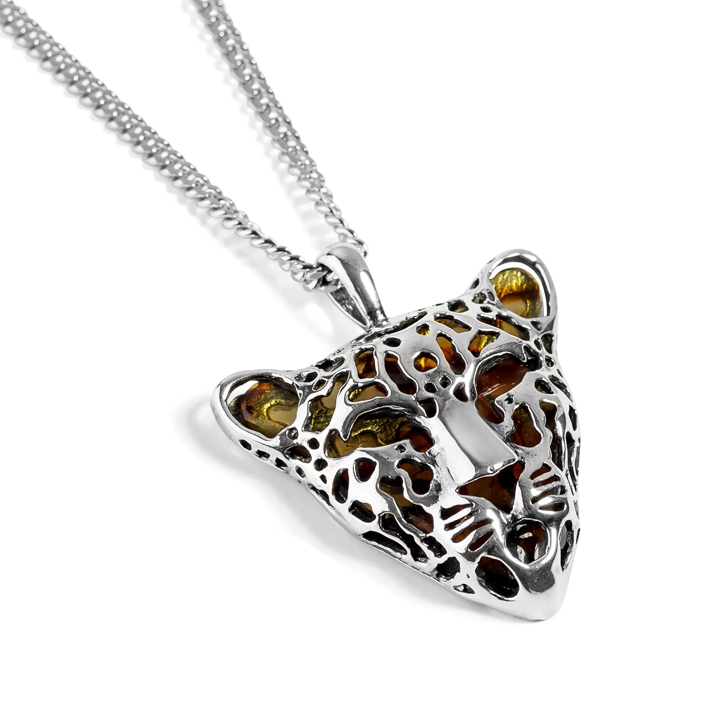 Leopard Head Necklace in Silver and Amber sold by Henryka