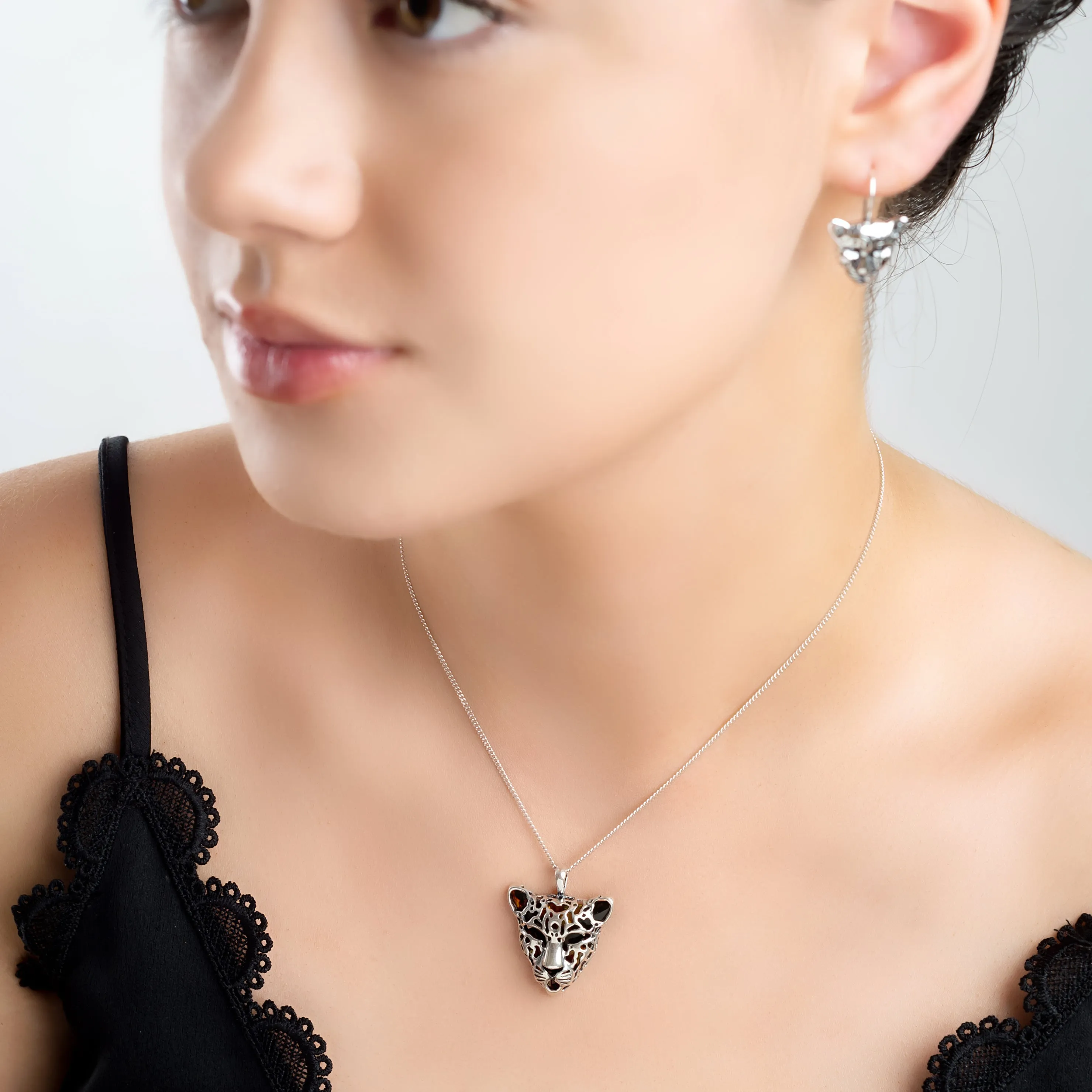 Leopard Head Necklace in Silver and Amber sold by Henryka product image thumbnail 3