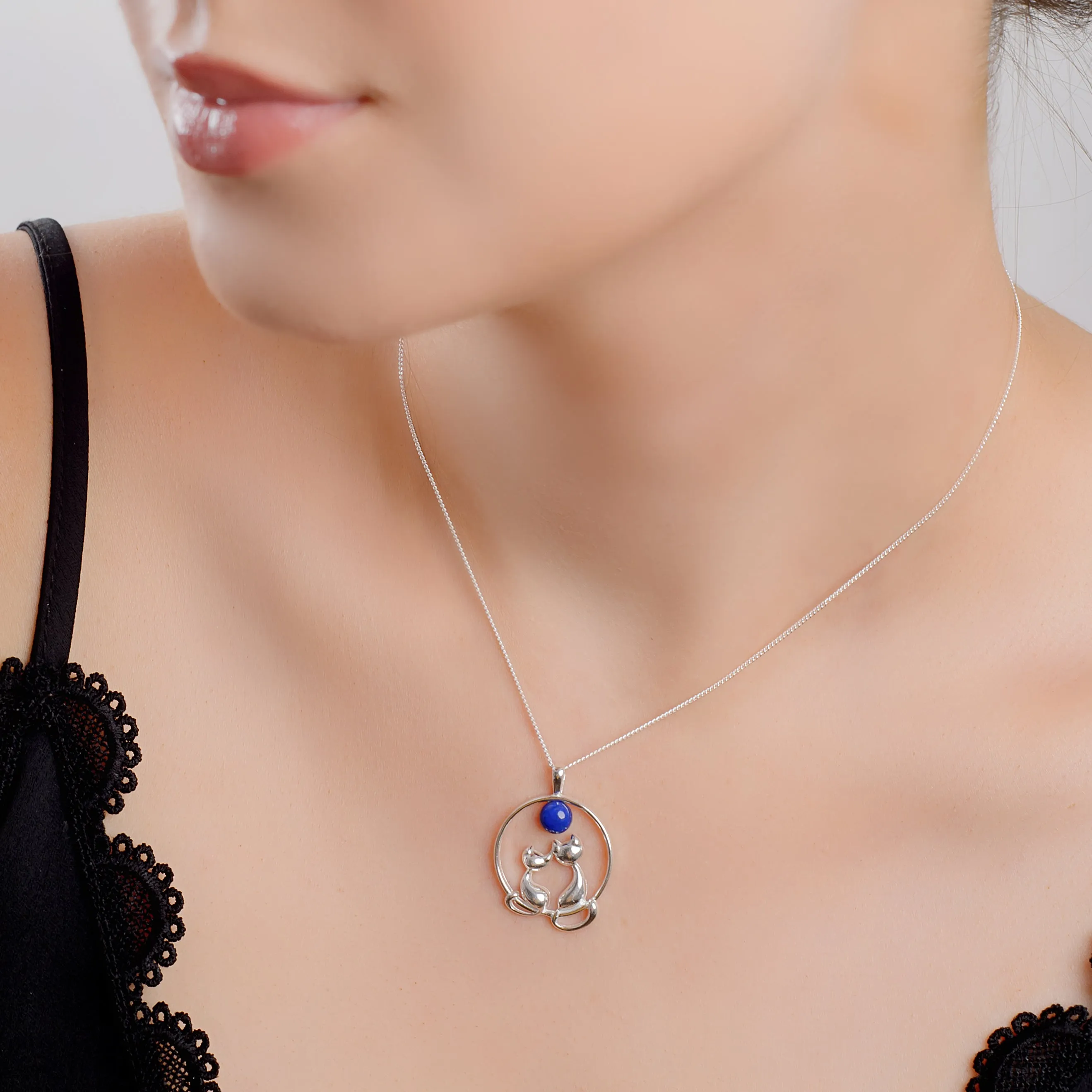 Cuddling Cats Necklace in Silver and Lapis Lazuli sold by Henryka product image thumbnail 2