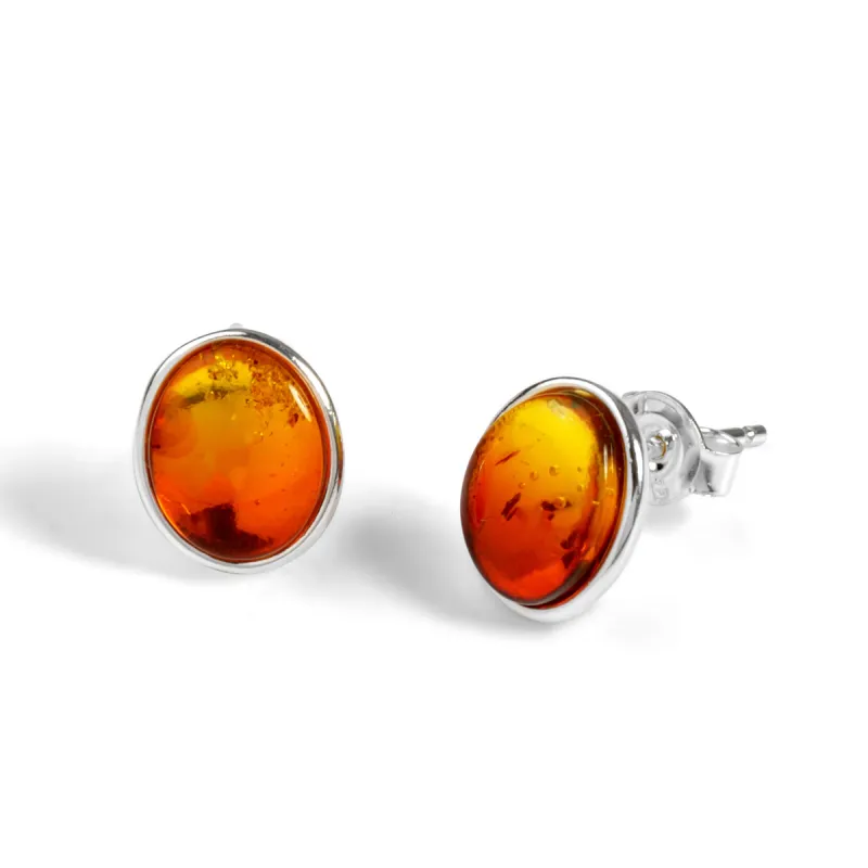 Burning Amber Oval Stud Earrings Silver and Amber made by Henryka