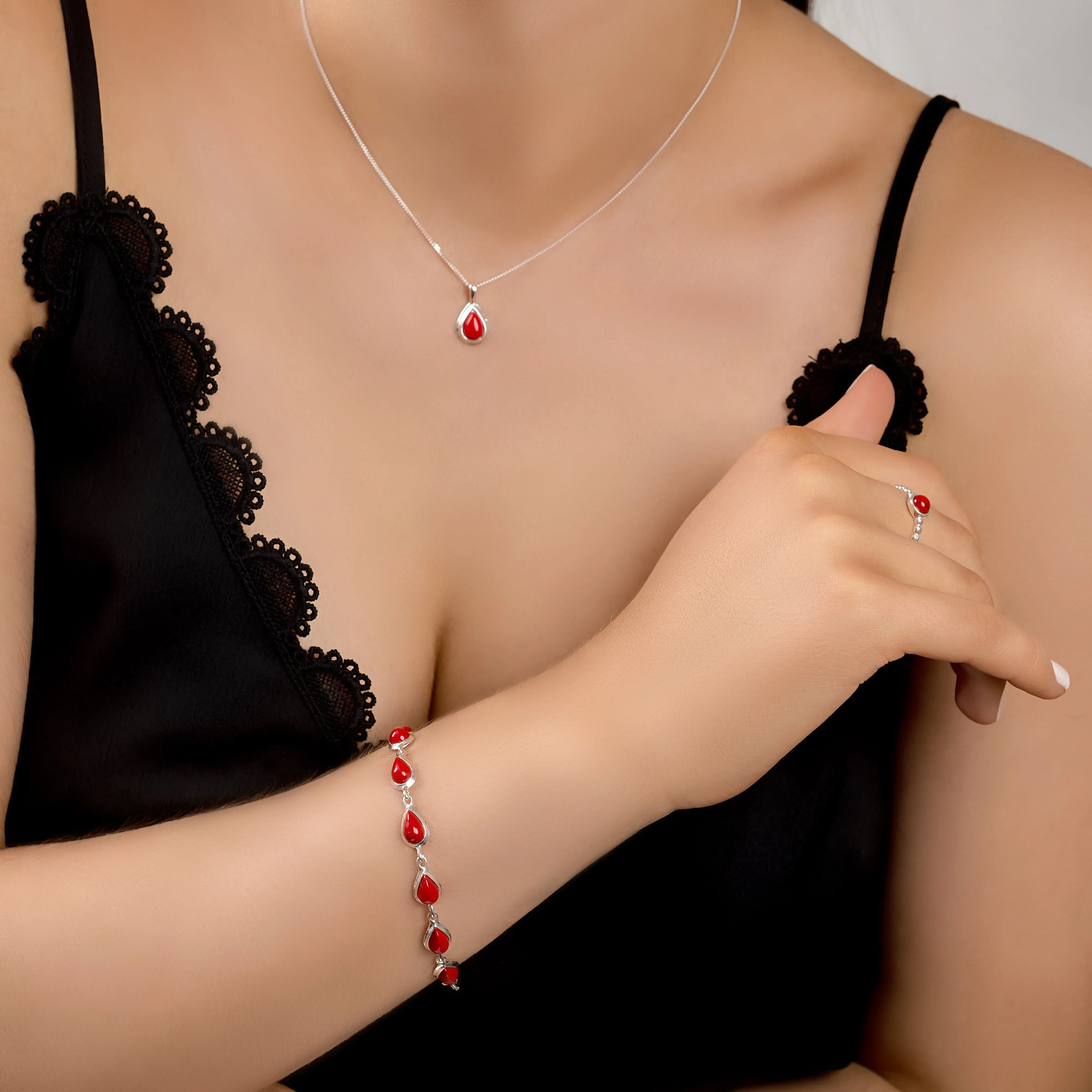 Classic Teardrop Link Bracelet in Silver and Coral sold by Henryka product image thumbnail 3