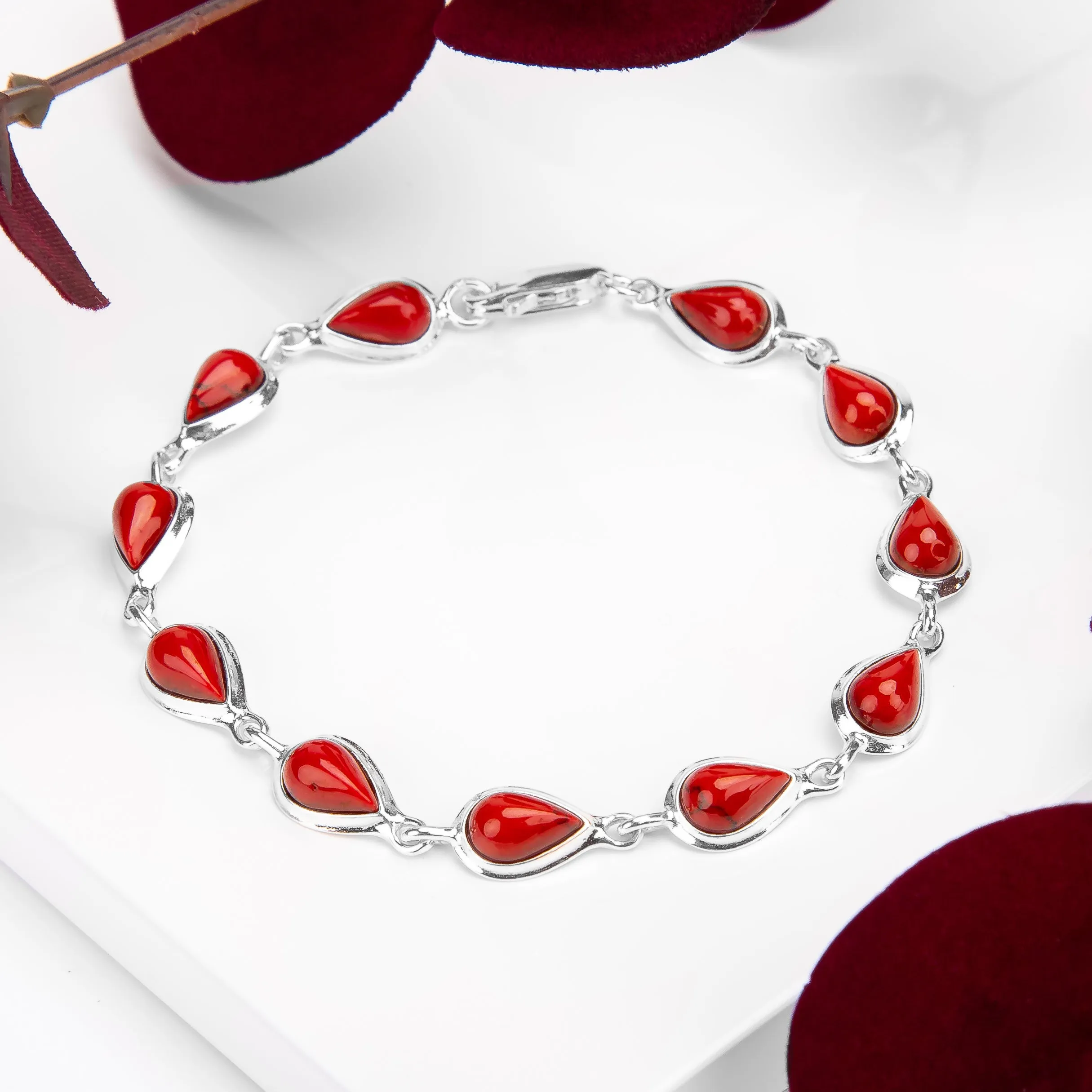Classic Teardrop Link Bracelet in Silver and Coral sold by Henryka product image thumbnail 4