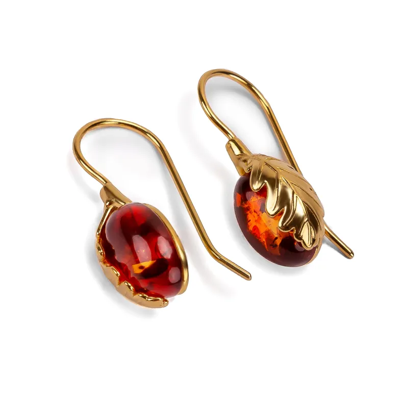 Oak Leaf Hook Earrings in Silver with 24ct Gold and Amber sold by Henryka