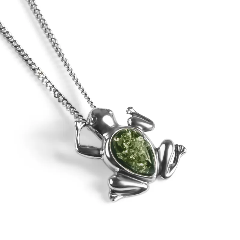 Miniature Frog Necklace in Silver and Green Amber sold by Henryka