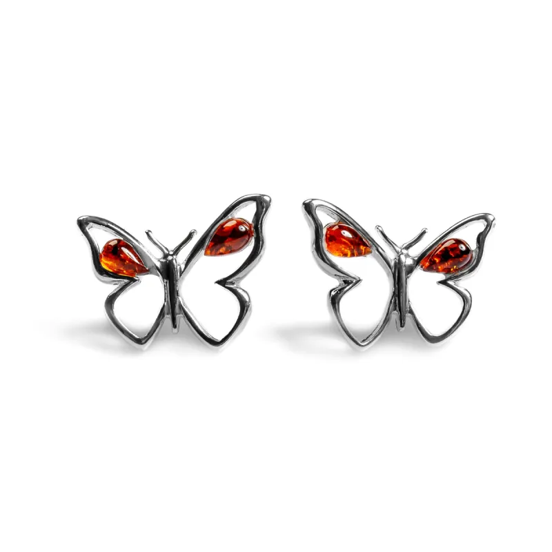 Butterfly Stud Earrings in Silver and Cognac Amber sold by Henryka