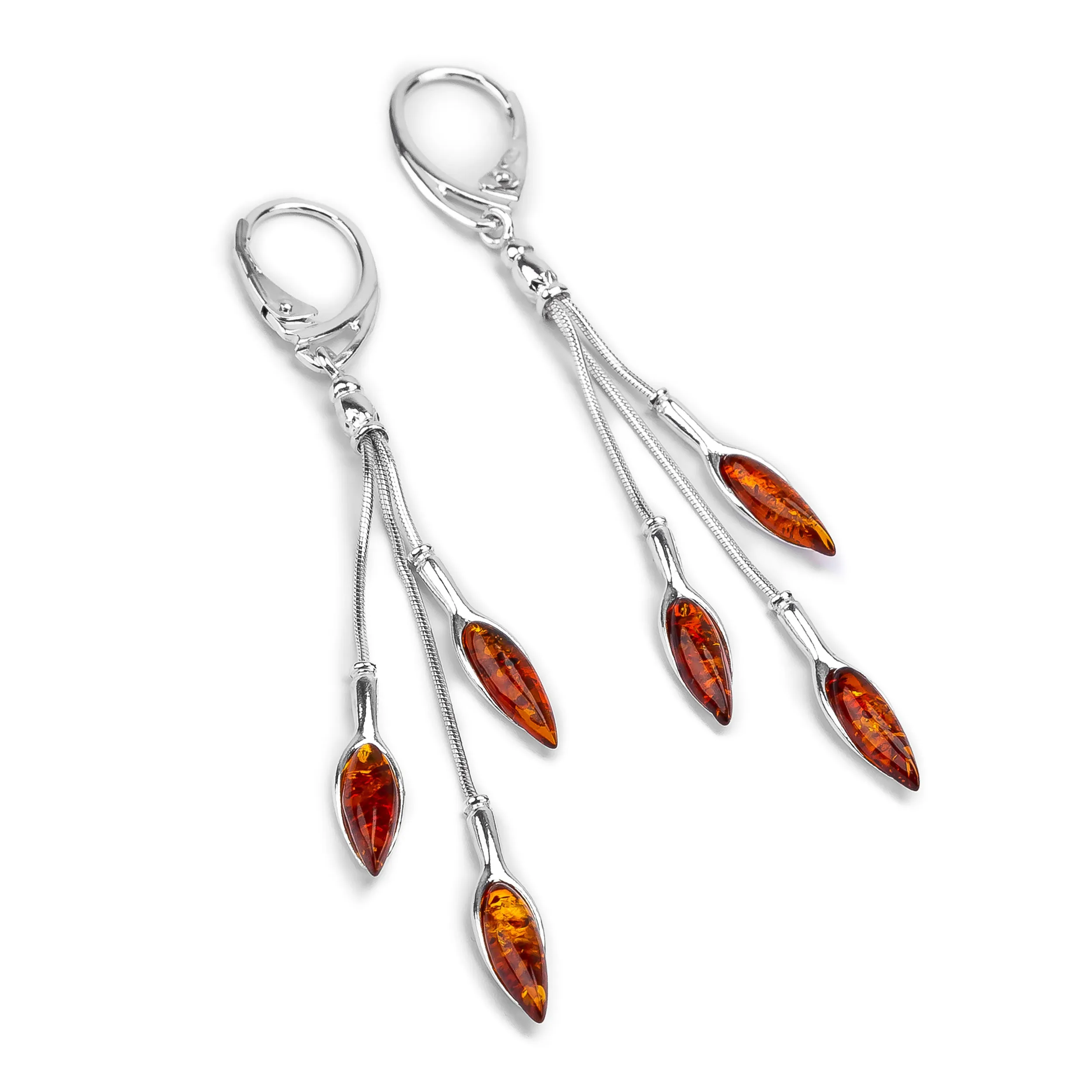 Dangle Drop Earrings in Silver and Amber sold by Henryka