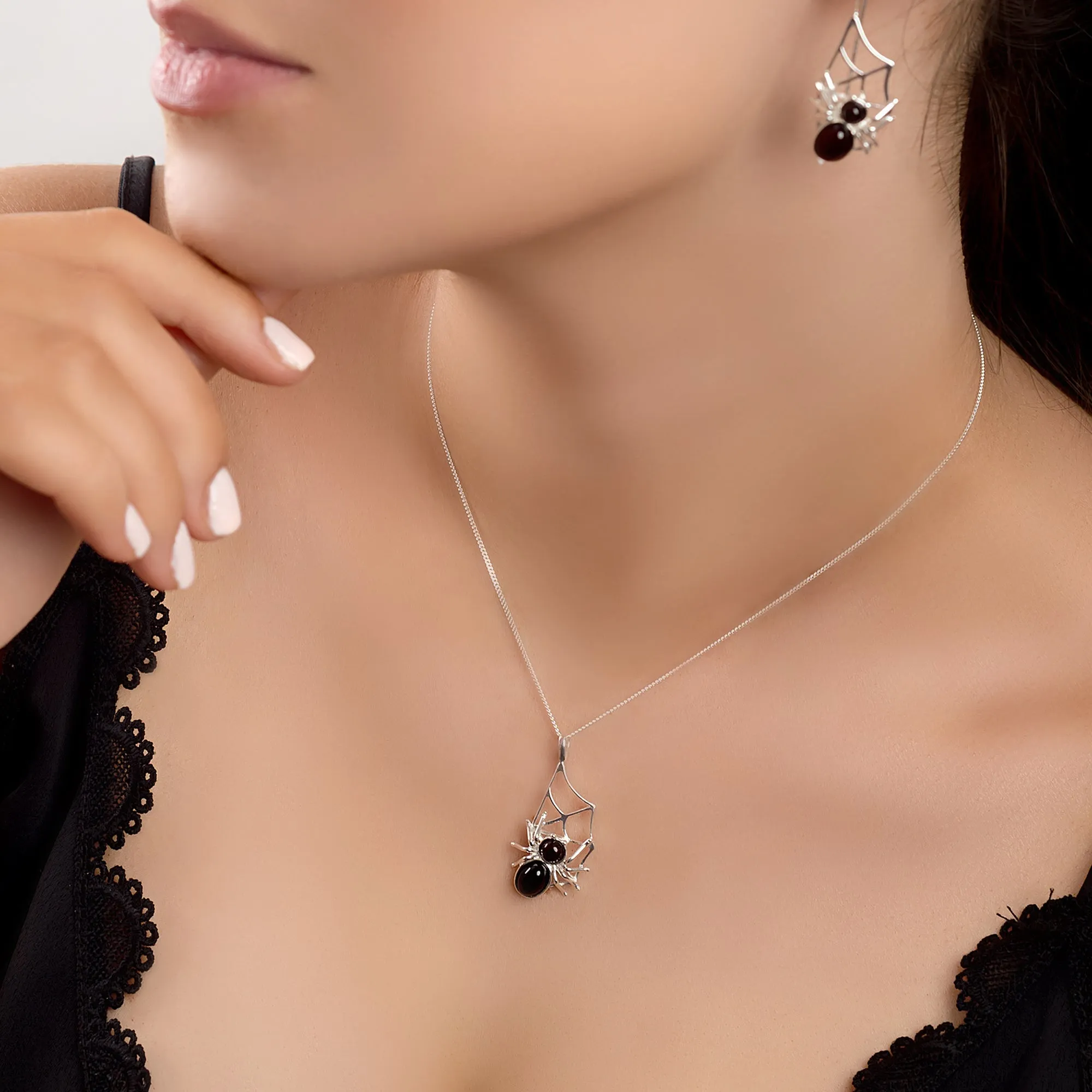 Spider on Web Necklace in Silver and Cherry Amber sold by Henryka product image thumbnail 2