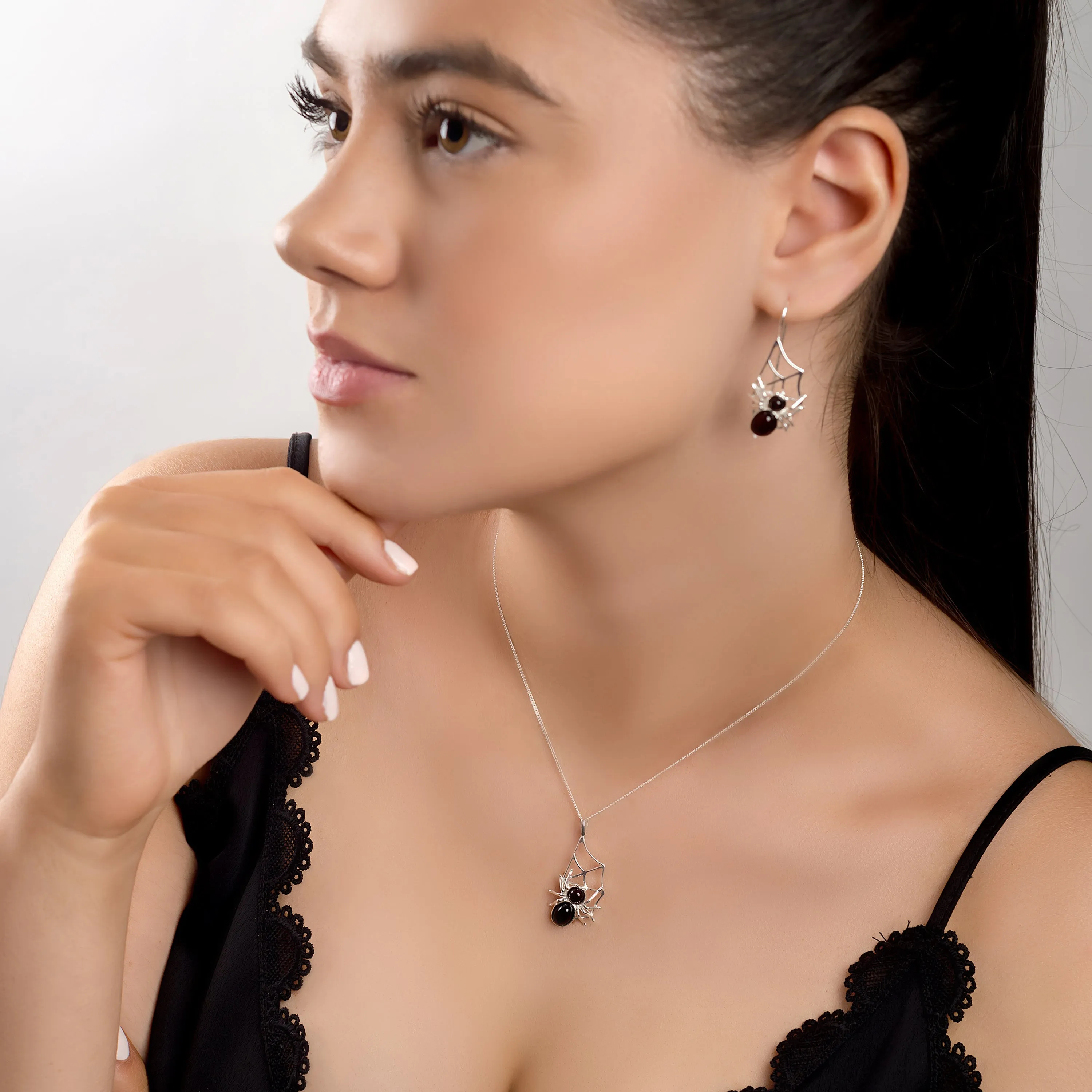 Spider on Web Necklace in Silver and Cherry Amber sold by Henryka product image thumbnail 3