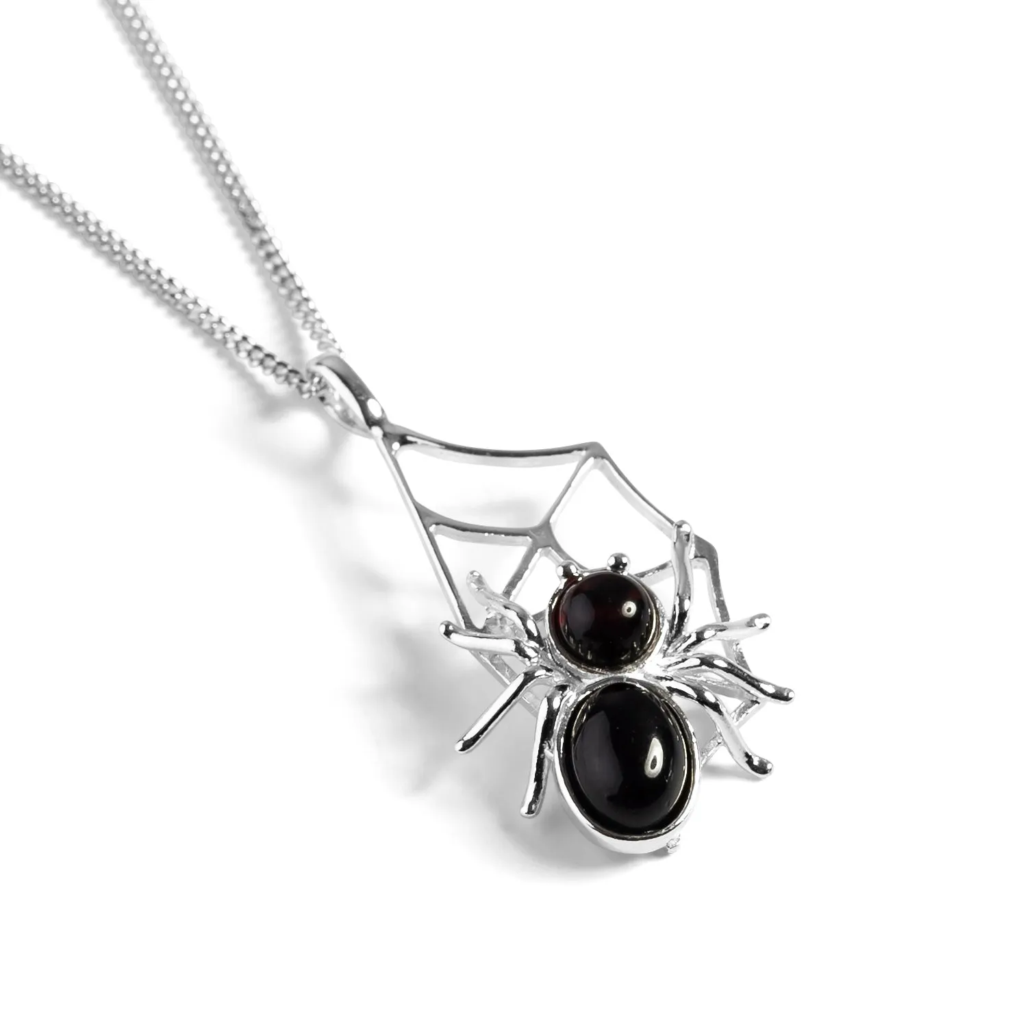 Spider on Web Necklace in Silver and Cherry Amber sold by Henryka
