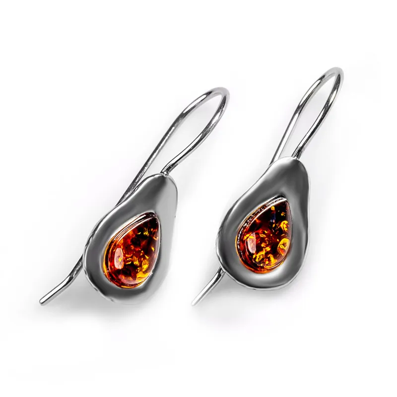 Avocado Drop Earrings in Silver and Cognac Amber sold by Henryka