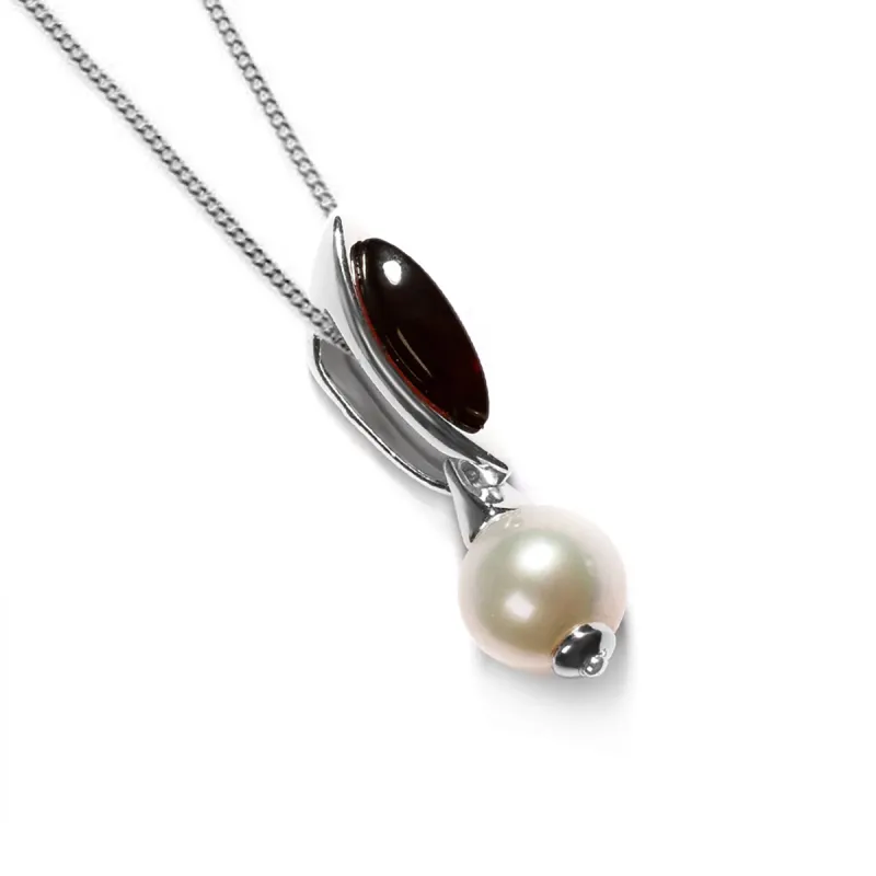 Marquise Pearl Necklace in Silver and Cherry Amber sold by Henryka