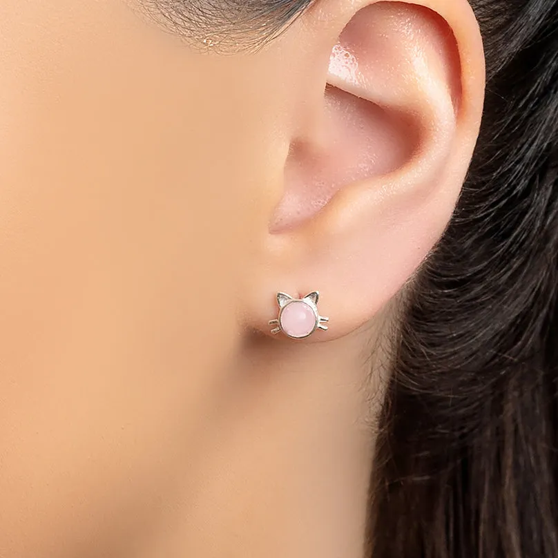 Cute Cat Face Stud Earrings in Silver and Rose Quartz sold by Henryka product image thumbnail 2