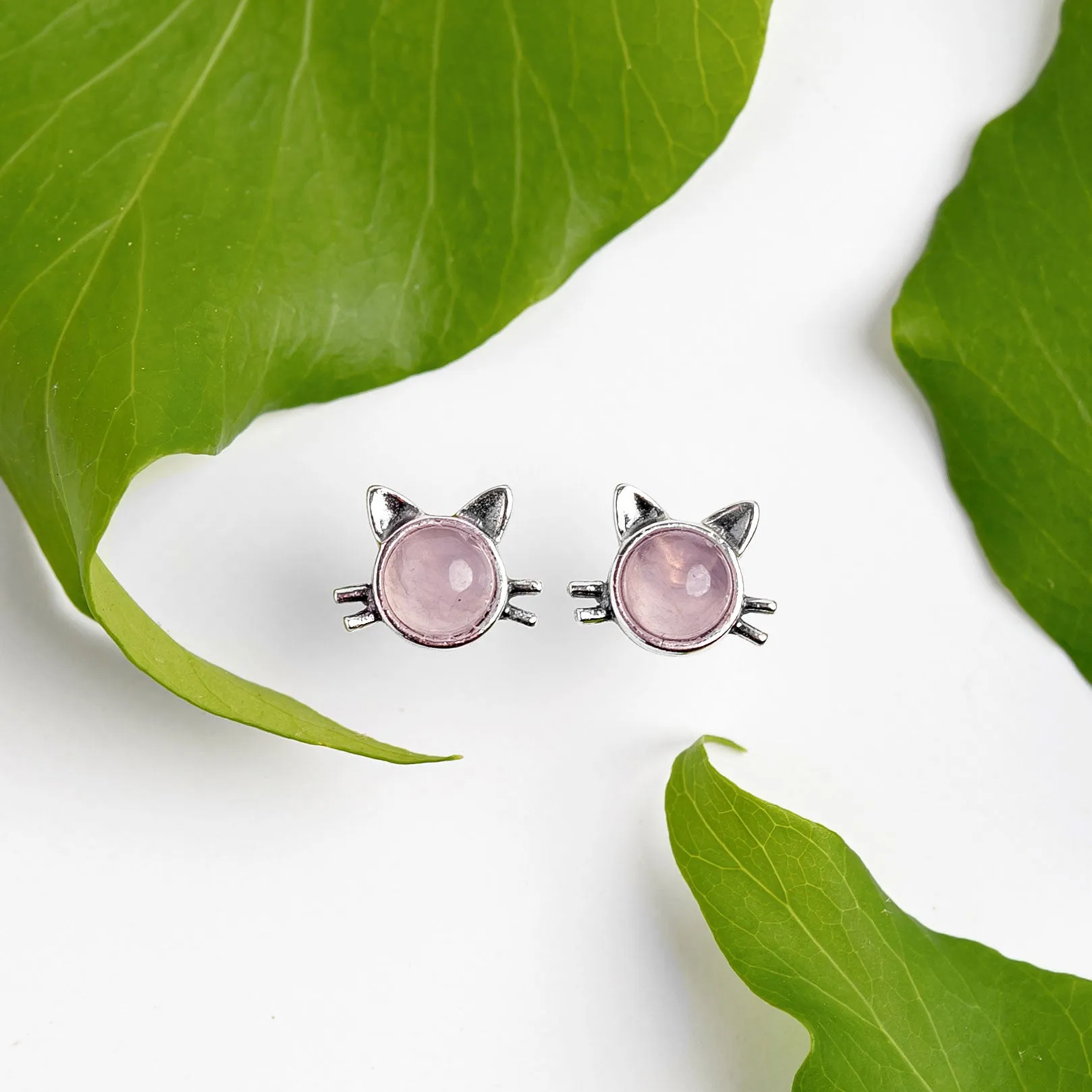 Cute Cat Face Stud Earrings in Silver and Rose Quartz sold by Henryka product image thumbnail 5