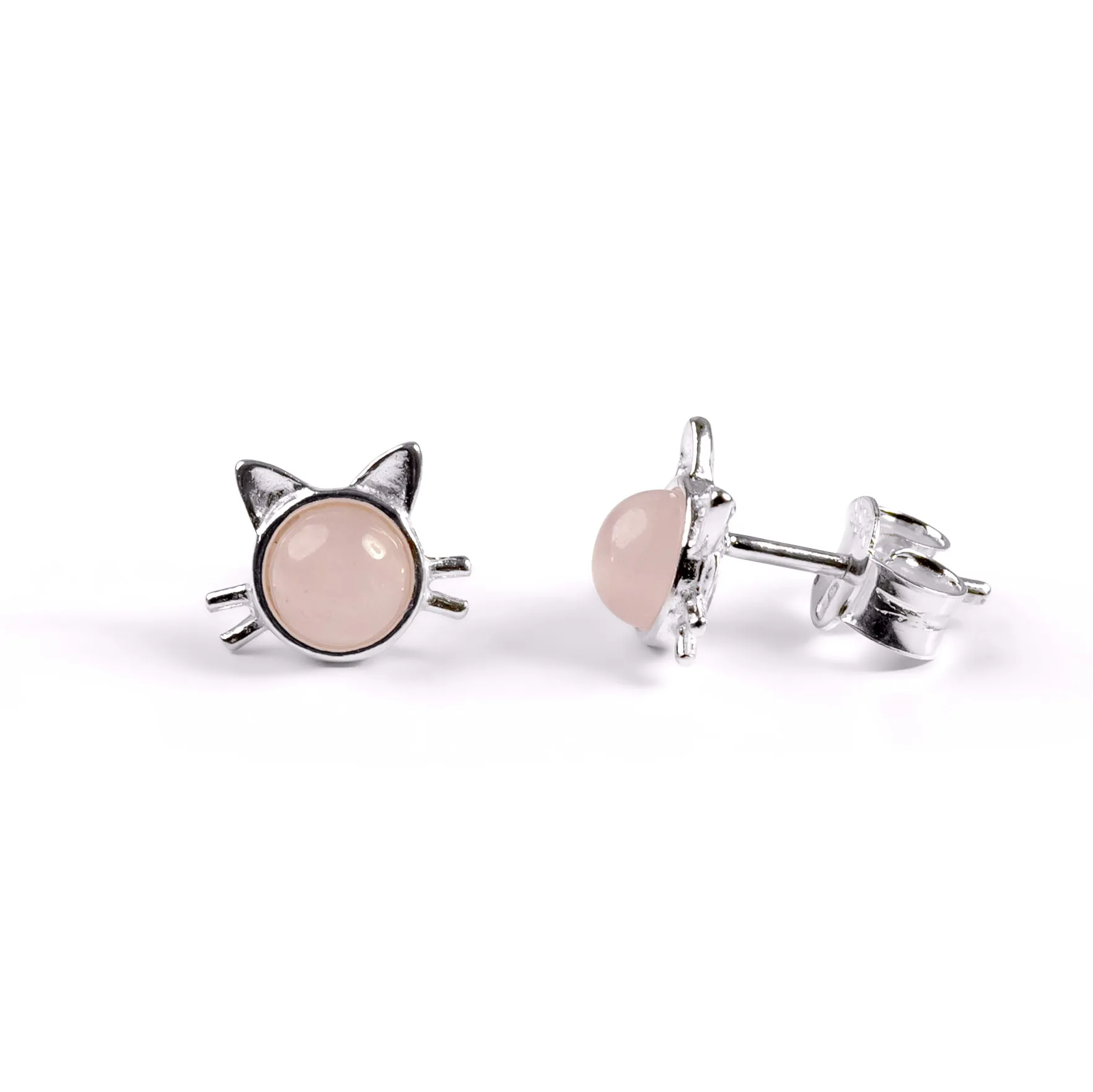 Cute Cat Face Stud Earrings in Silver and Rose Quartz sold by Henryka product image thumbnail 4
