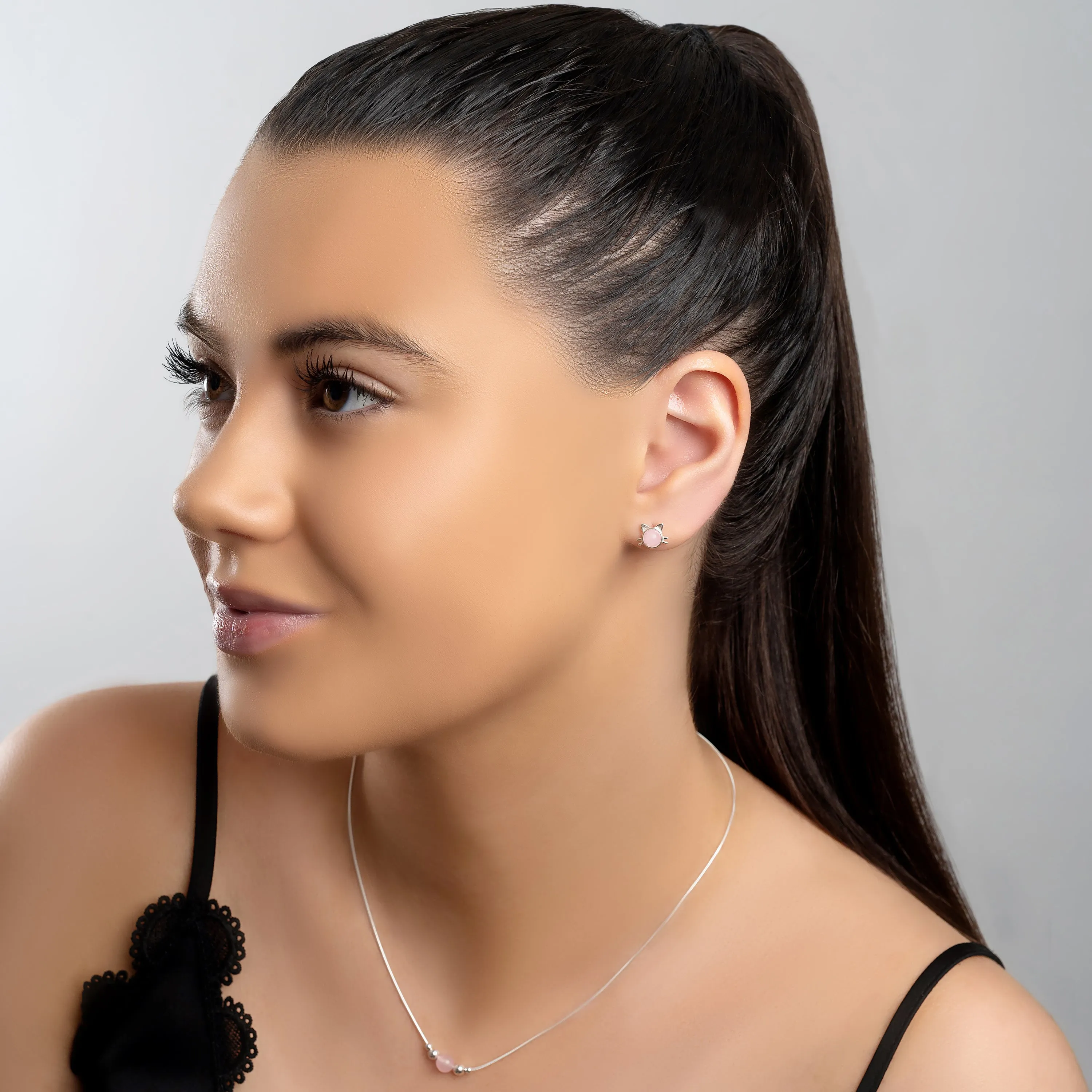 Cute Cat Face Stud Earrings in Silver and Rose Quartz sold by Henryka product image thumbnail 3