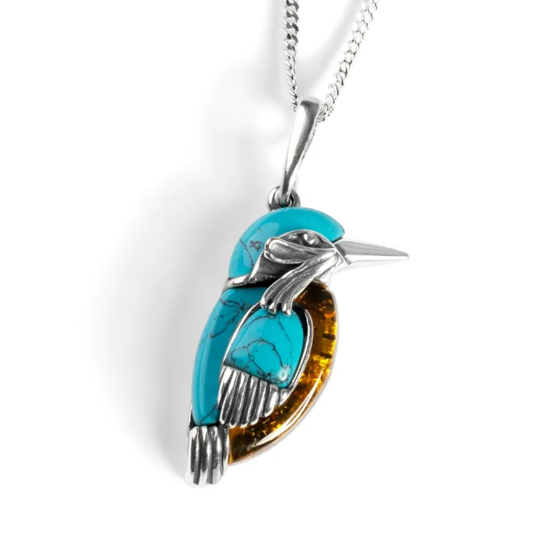 Small Kingfisher Bird Necklace in Silver, Turquoise and Amber sold by Henryka