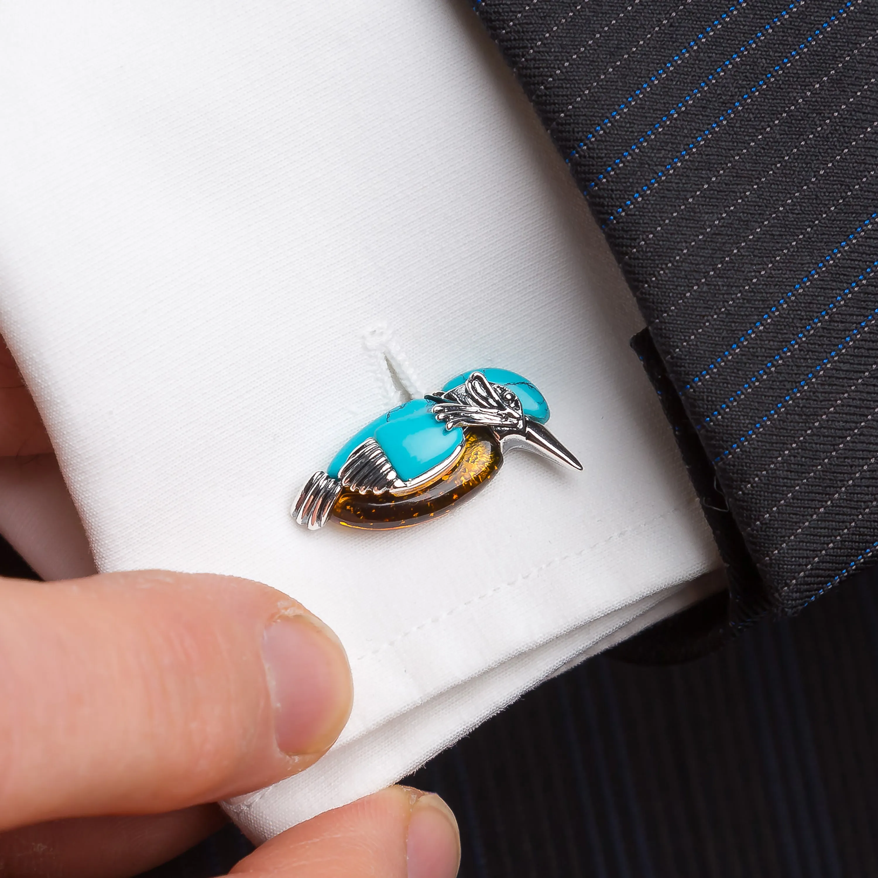 Kingfisher Bird Cufflinks in Silver, Turquoise and Amber sold by Henryka product image thumbnail 2
