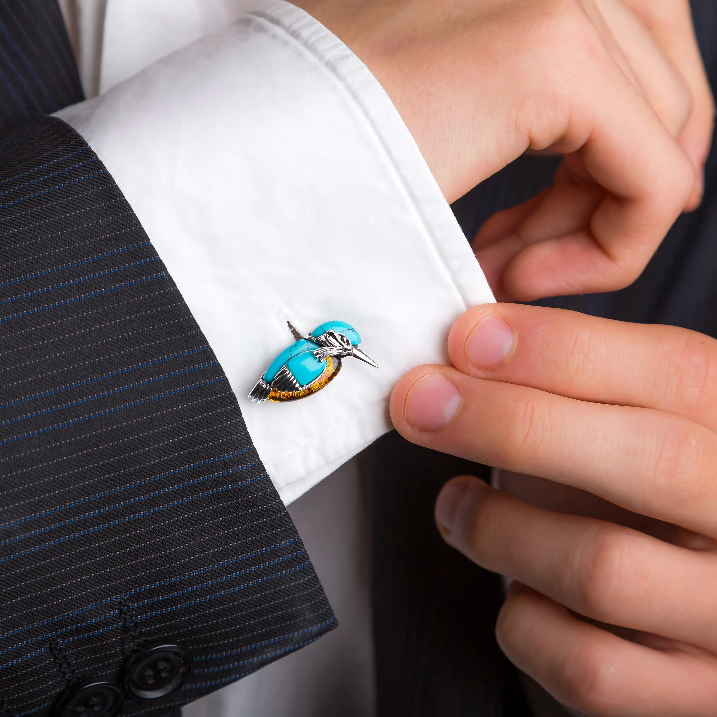 Kingfisher Bird Cufflinks in Silver, Turquoise and Amber sold by Henryka product image thumbnail 4