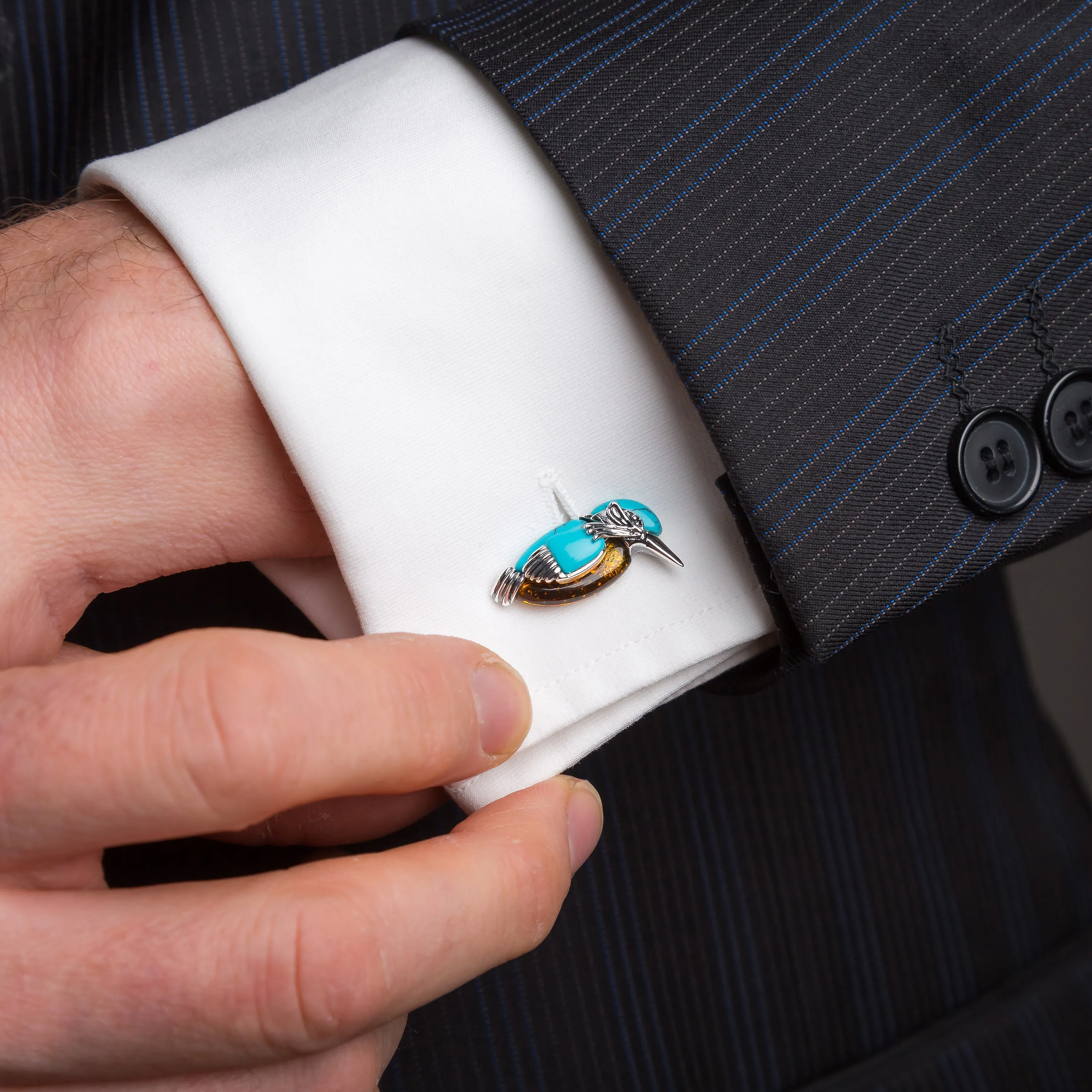 Kingfisher Bird Cufflinks in Silver, Turquoise and Amber sold by Henryka product image thumbnail 3